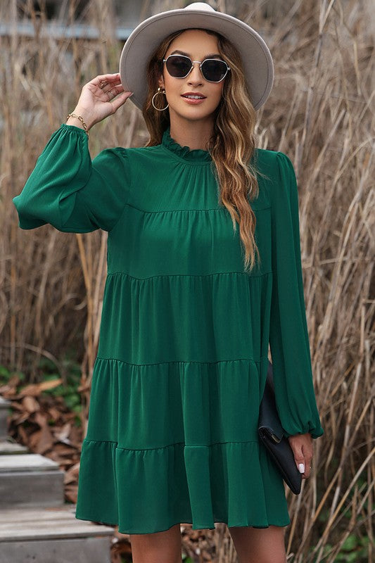 Puff Sleeve Mock Neck Back Knot Tiered Dress