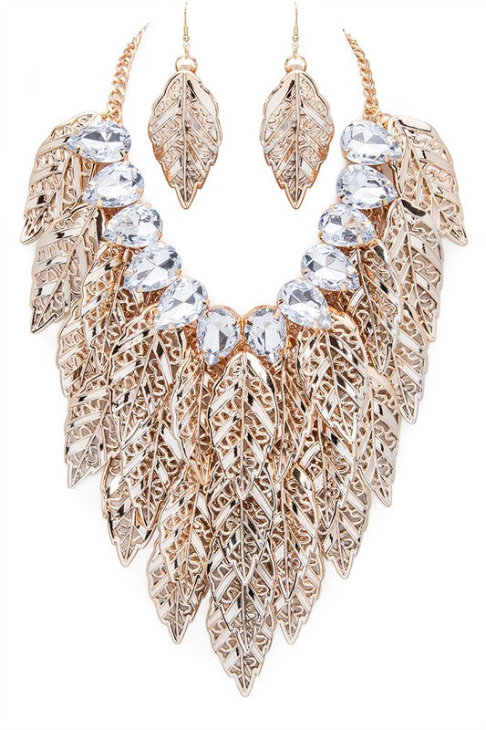 Layered Leaf Statement Bib Necklace Set