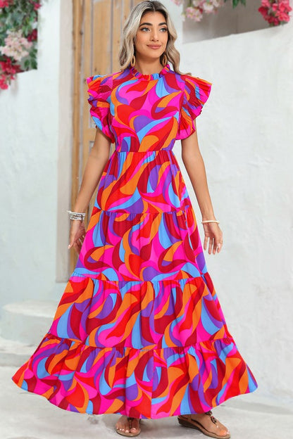 Abstract Print High Waist Ruffle Tiered Maxi Dress