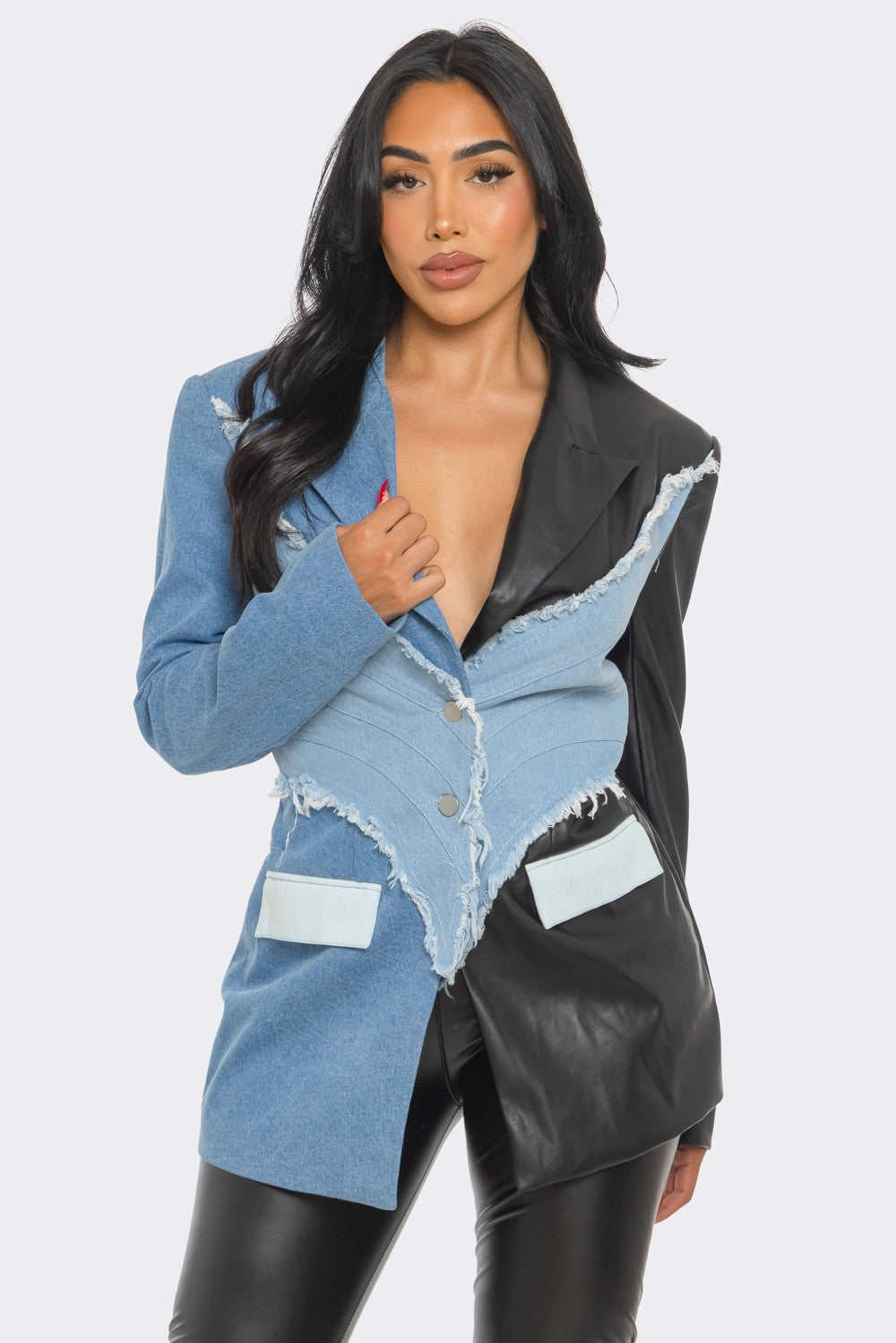 Edgy Denim and Vegan Leather Patchwork Blazer