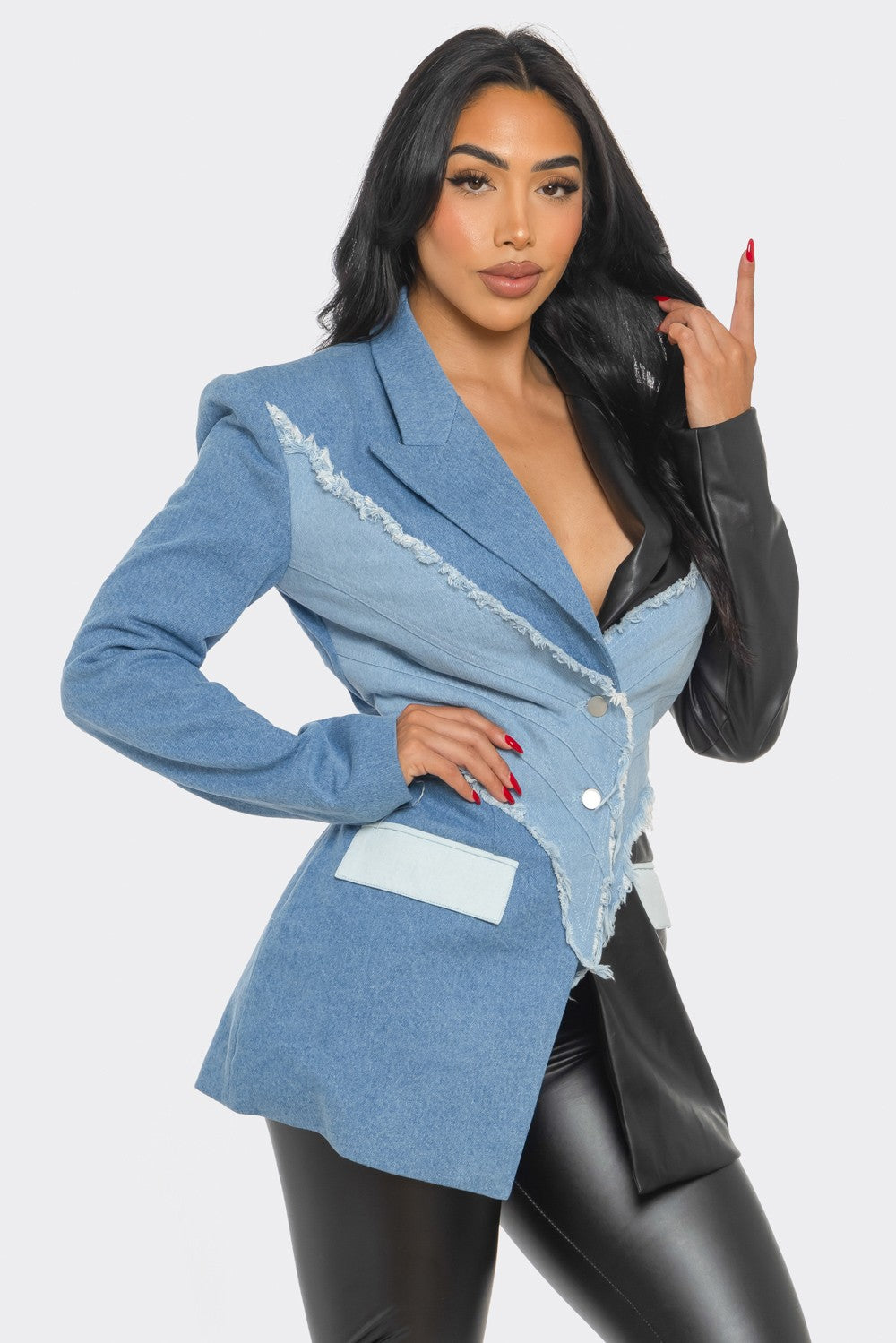 Edgy Denim and Vegan Leather Patchwork Blazer