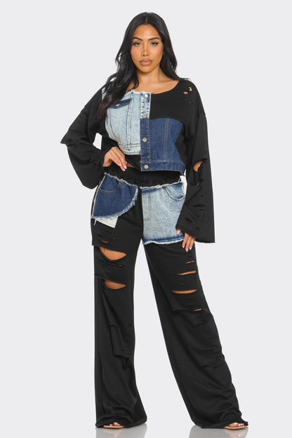 Distressed Denim Patchwork Set Ships