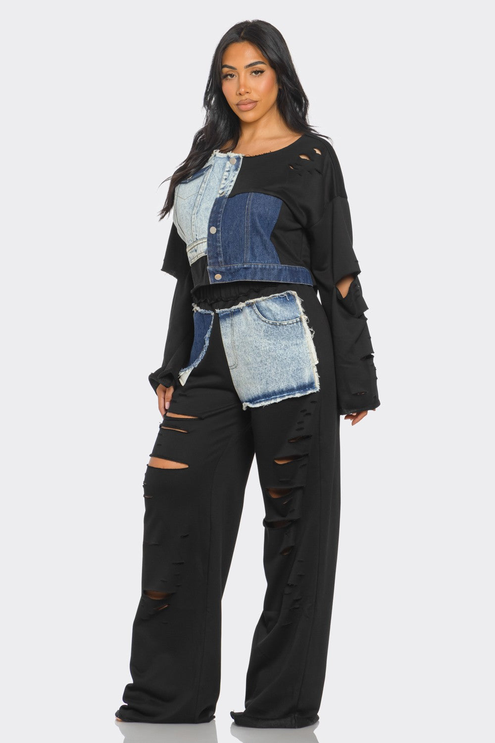 Distressed Denim Patchwork Set Ships