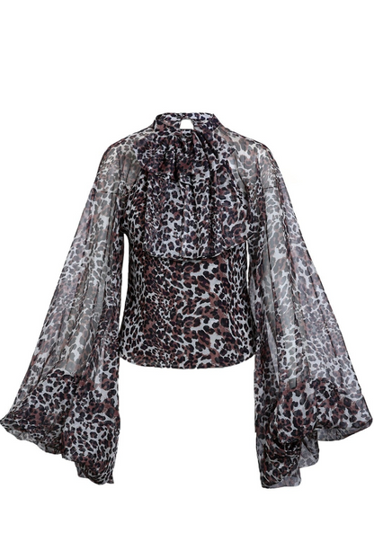 Leopard Printed Ruffle Necktie Chiffon Blouse