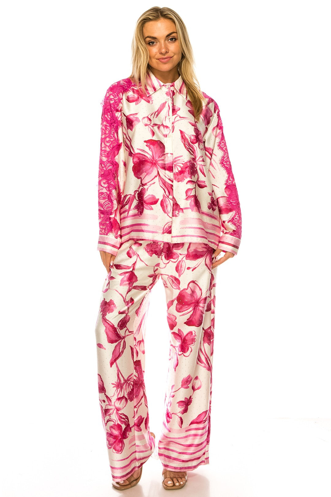 Printed Two Piece with Rhinestones and Lace