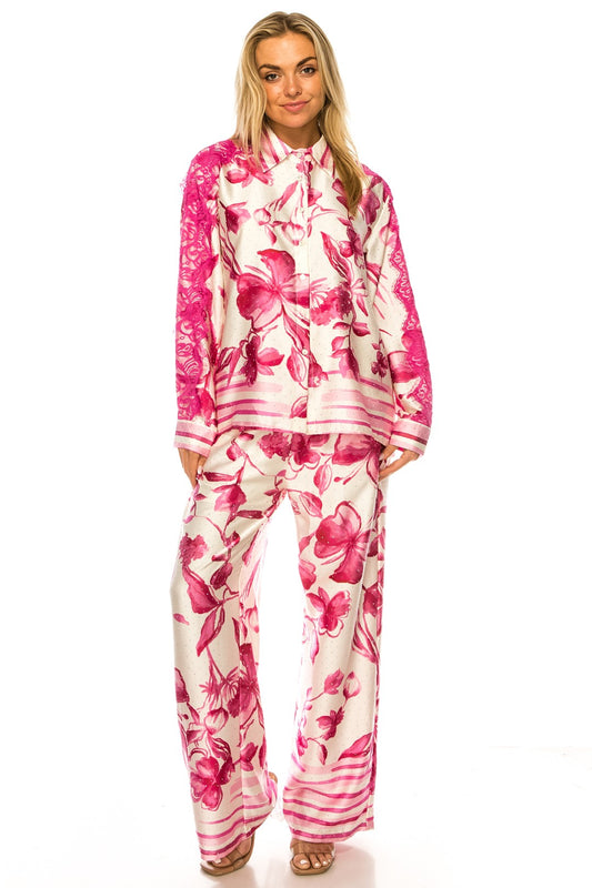 Printed Two Piece with Rhinestones and Lace