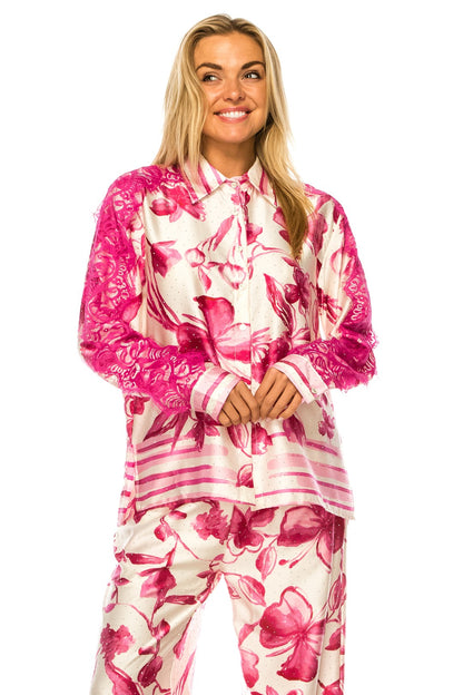 Printed Two Piece with Rhinestones and Lace