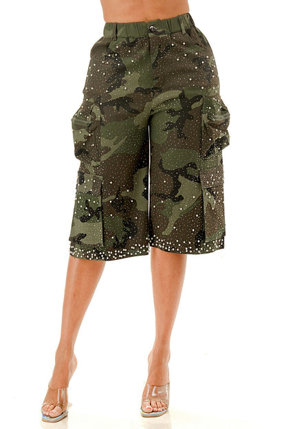Rhinestone & Pearl Camo Cargo Bermuda Shorts (Curvy)