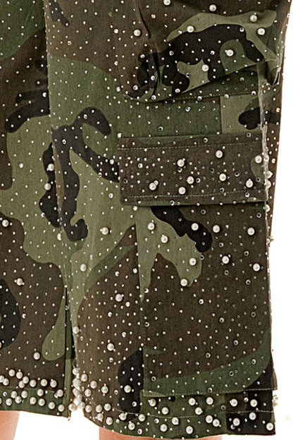 Rhinestone & Pearl Camo Cargo Bermuda Shorts (Curvy)