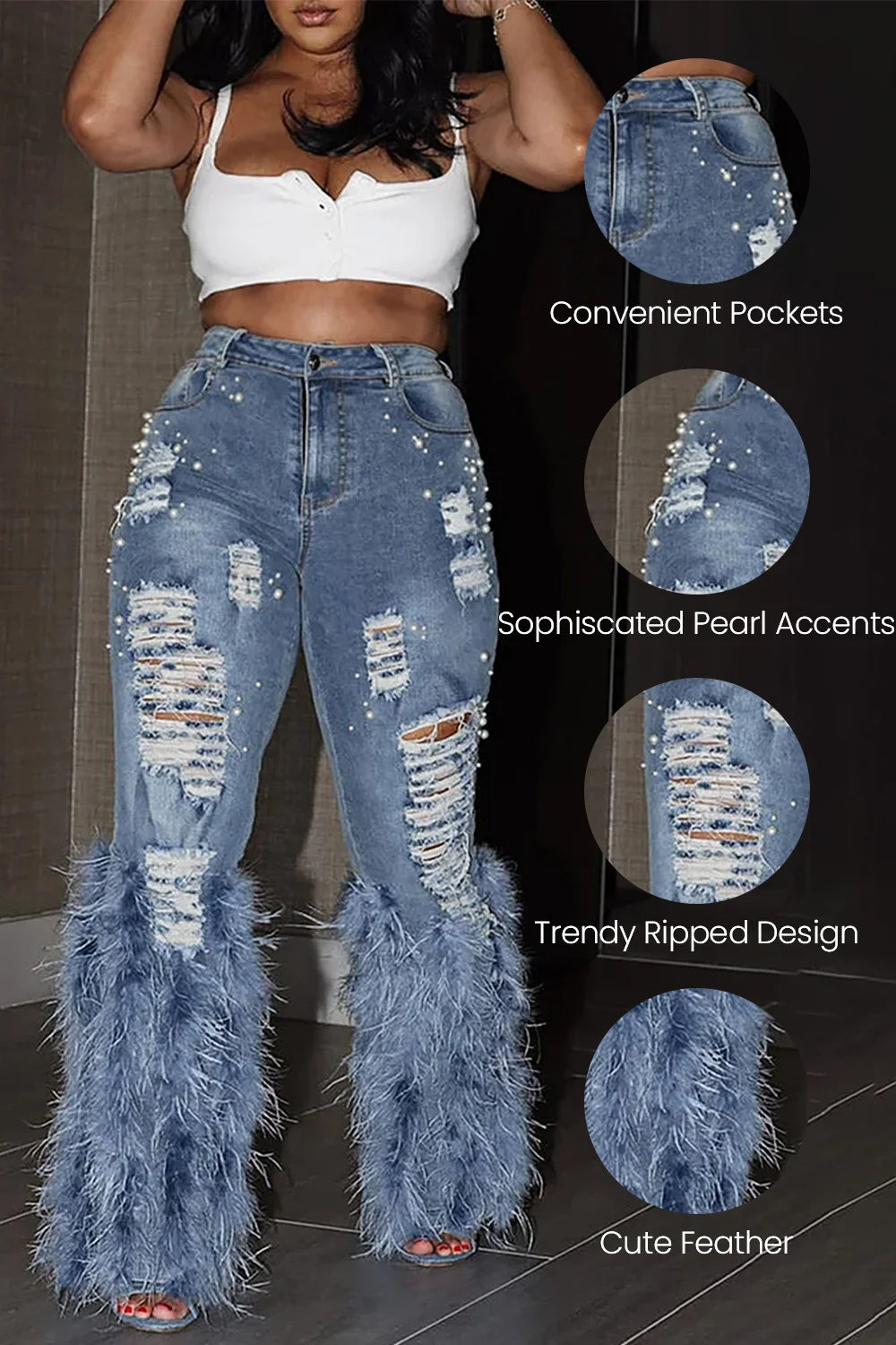 PRE-ORDER - Distressed Pearl Embellished Feather Detail Jeans (SHIPS 2/16) - SASHAY COUTURE BOUTIQUE