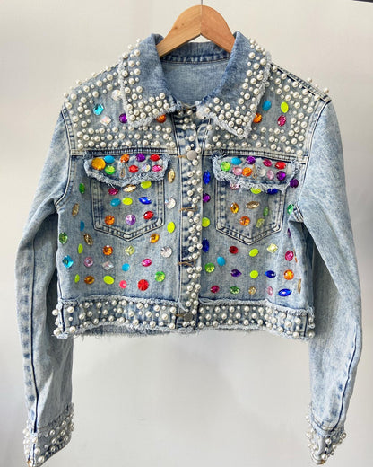 Jewels and Pearls Cropped Denim Jacket - SASHAY COUTURE BOUTIQUE