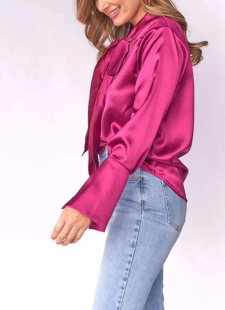 Bow-Tie Neck Satin Blouse - SASHAY COUTURE BOUTIQUE