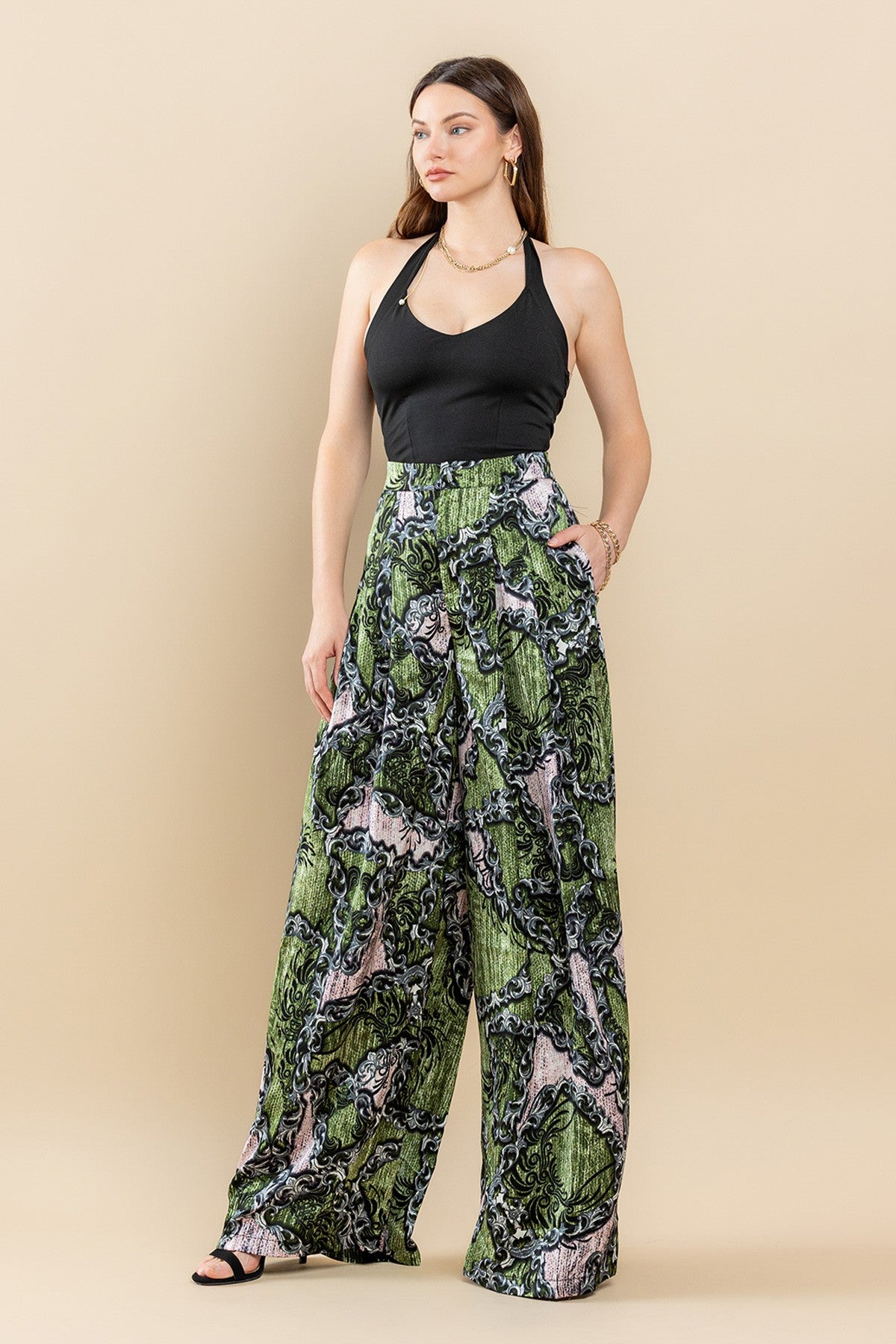 PRINTED HIGH WAIST WIDE LEGGED PANTS