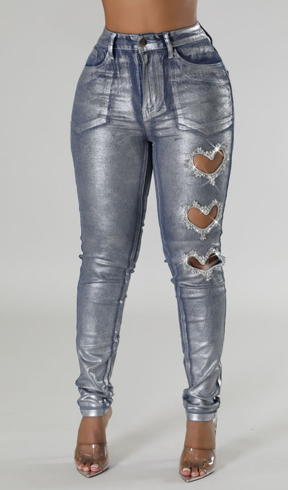 Metallic Silver Coated Denim with Rhinestones - SASHAY COUTURE BOUTIQUE Bottoms