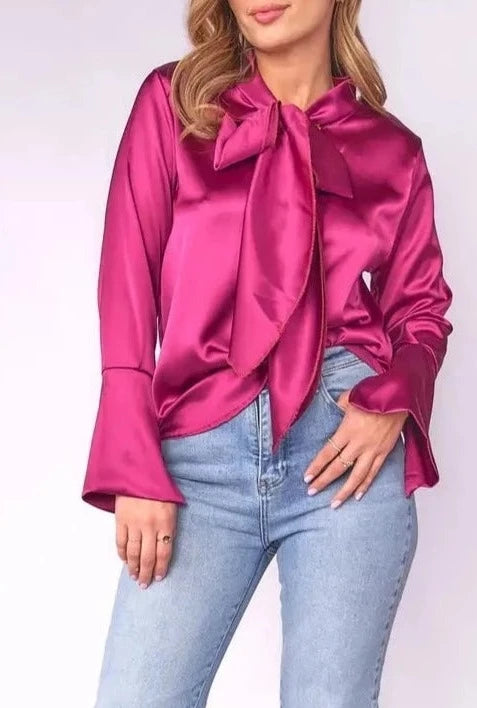 Bow-Tie Neck Satin Blouse - SASHAY COUTURE BOUTIQUE