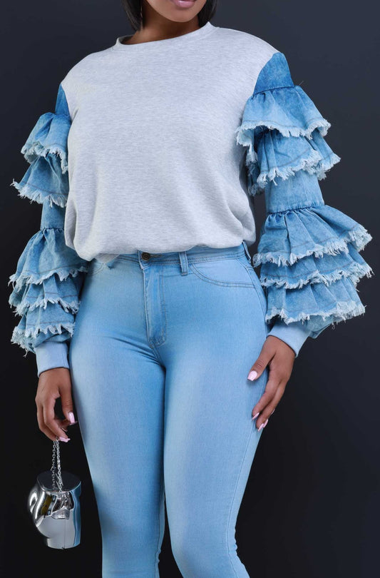 Denim Ruffle Sleeve Top - SASHAY COUTURE BOUTIQUE Tops