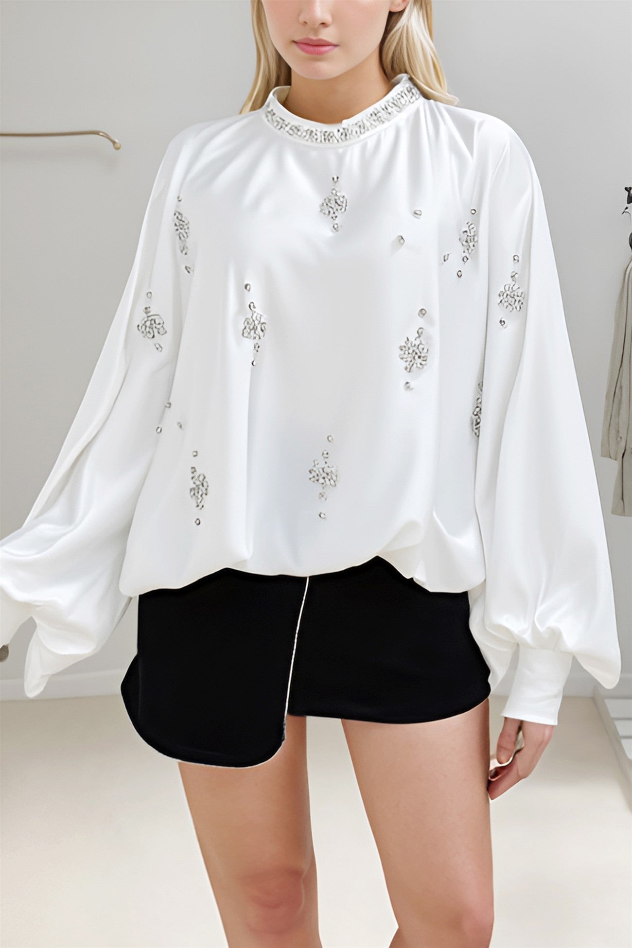 Satin Blouse with Rhinestone Collar