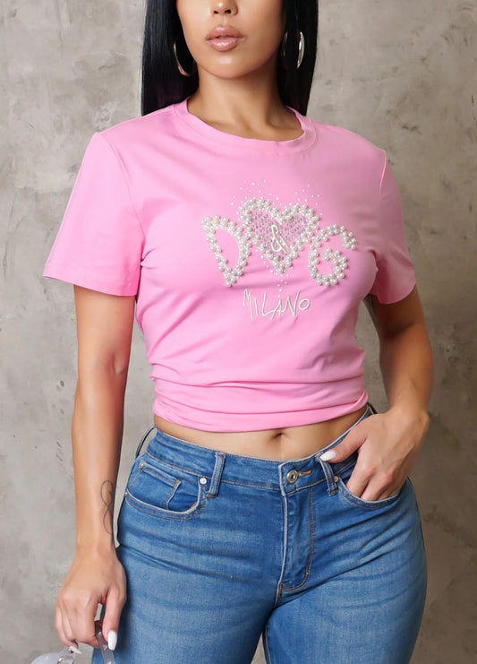 Pearl Embellished Tee - SASHAY COUTURE BOUTIQUE Tops