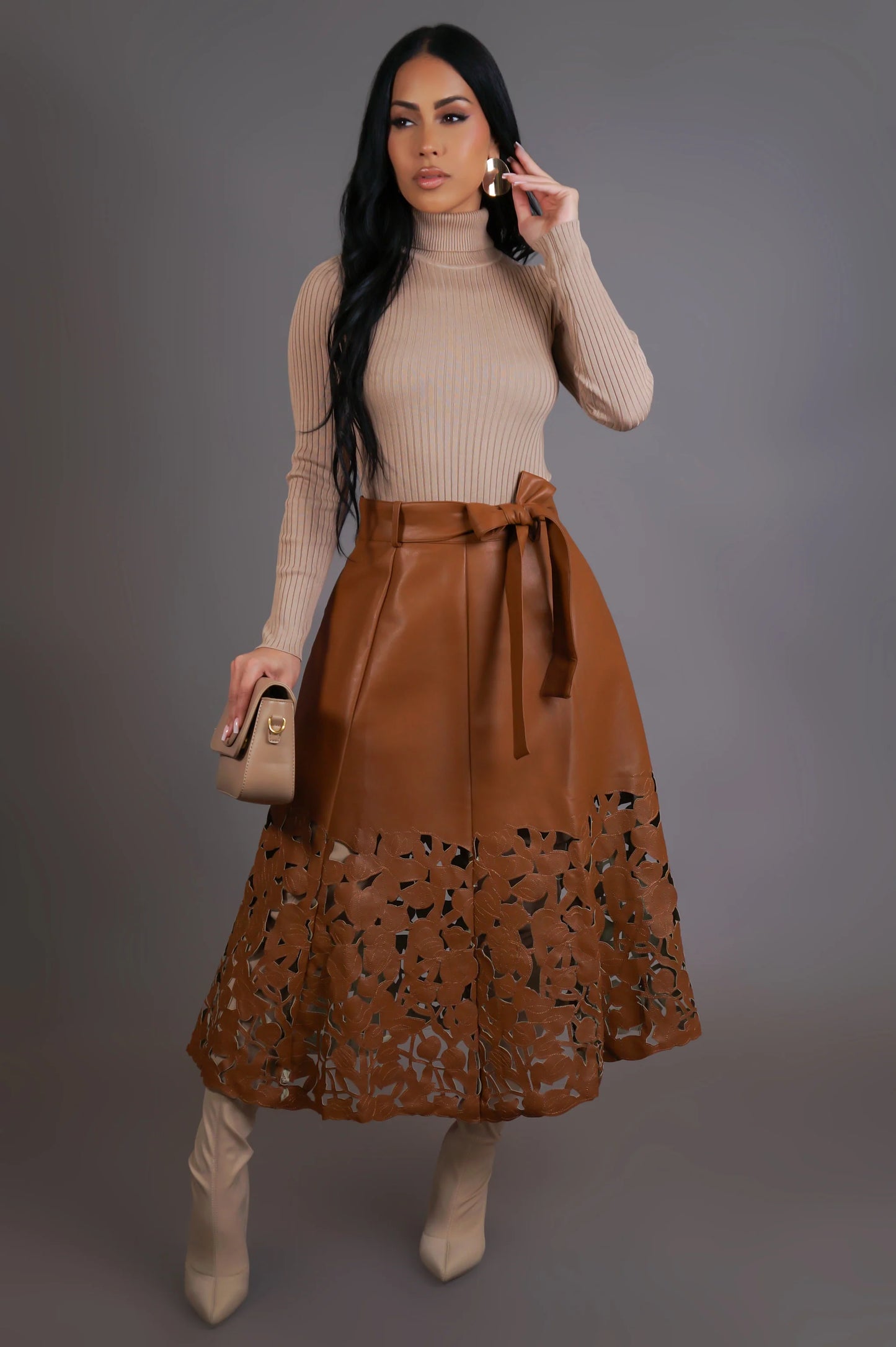 Vegan Leather Cutout Design Midi Skirt