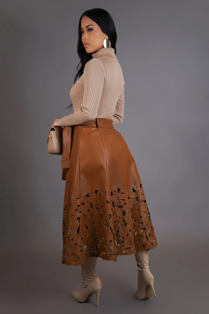 Vegan Leather Cutout Design Midi Skirt