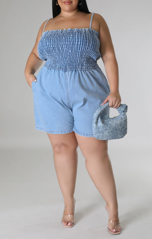 Casual Denim Romper (Curvy) - SASHAY COUTURE BOUTIQUE Jumpsuits & Rompers