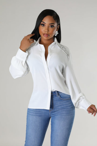 Blouse w/ Pearl & Rhinestone Collar