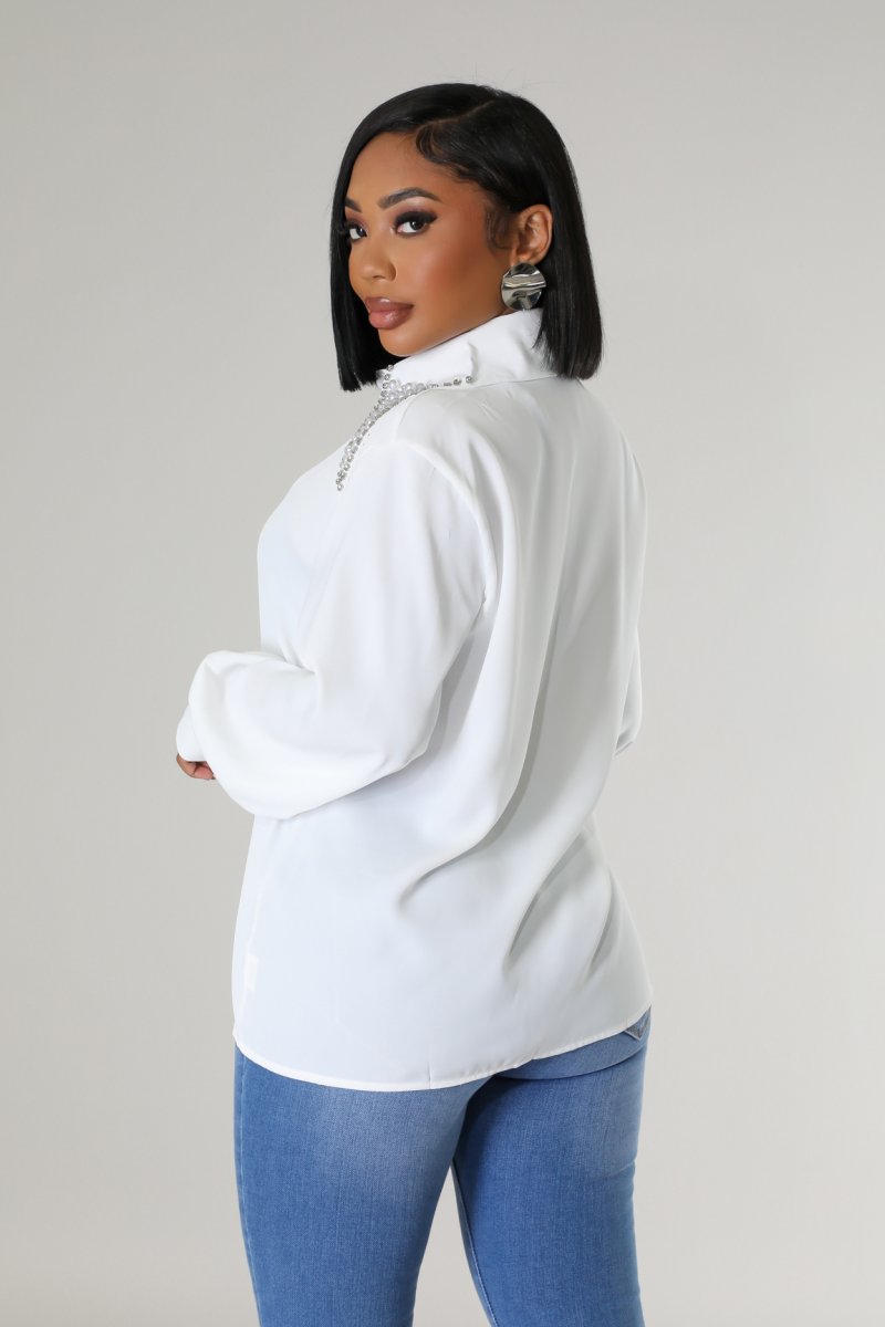 Blouse w/ Pearl & Rhinestone Collar