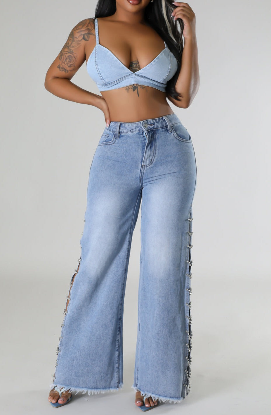 Rhinestone Embellished Wide Leg Jeans - SASHAY COUTURE BOUTIQUE Bottoms