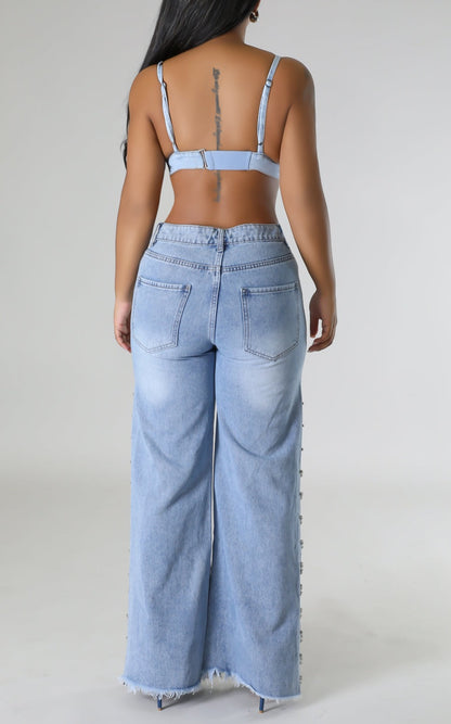 Rhinestone Embellished Wide Leg Jeans - SASHAY COUTURE BOUTIQUE Bottoms