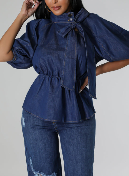 Dark Denim Blouse with Neck Tie - SASHAY COUTURE BOUTIQUE Tops