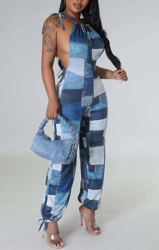 Spaghetti Strapped Denim Print Jumpsuit - SASHAY COUTURE BOUTIQUE Apparel & Accessories