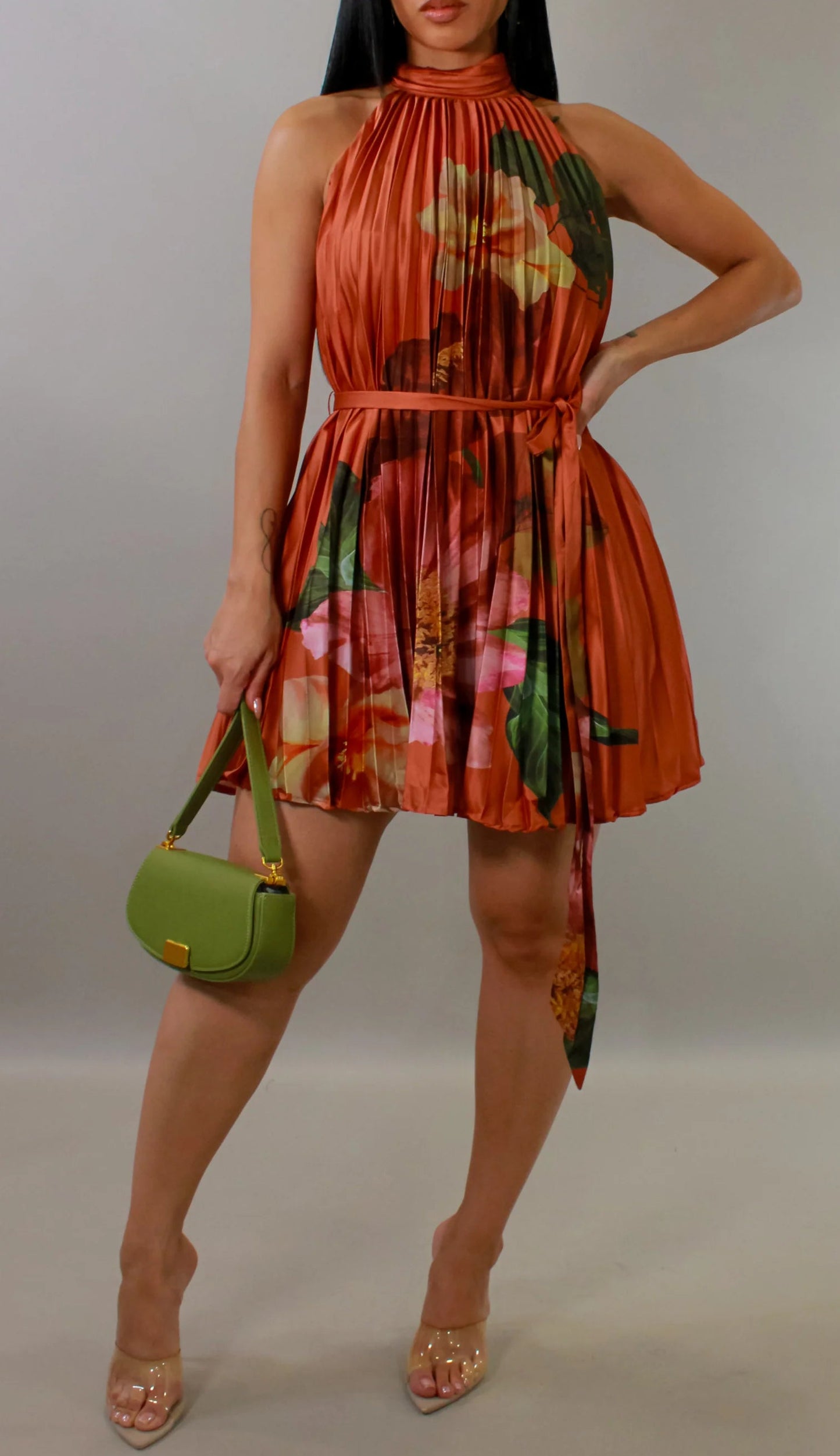 Pleated Halter Mini Dress