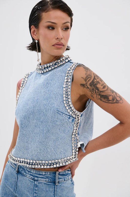 Popping Out Rhinestone Denim Blouse