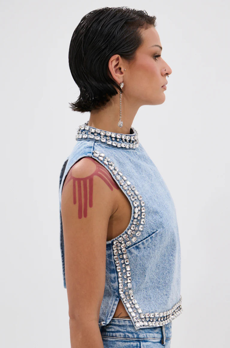 Popping Out Rhinestone Denim Blouse