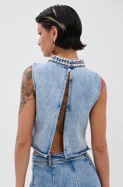 Popping Out Rhinestone Denim Blouse