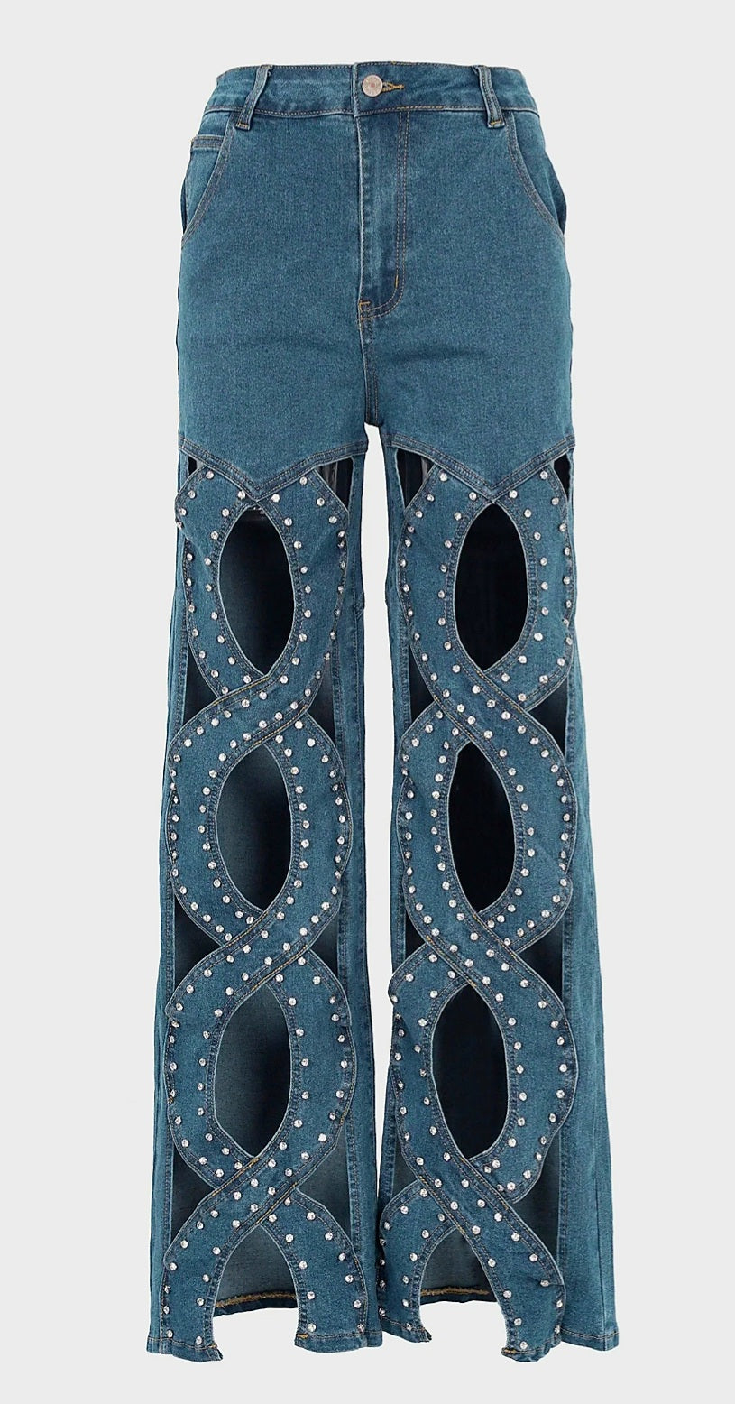 Rhinestone Studded Wide Leg Denim - SASHAY COUTURE BOUTIQUE Bottoms