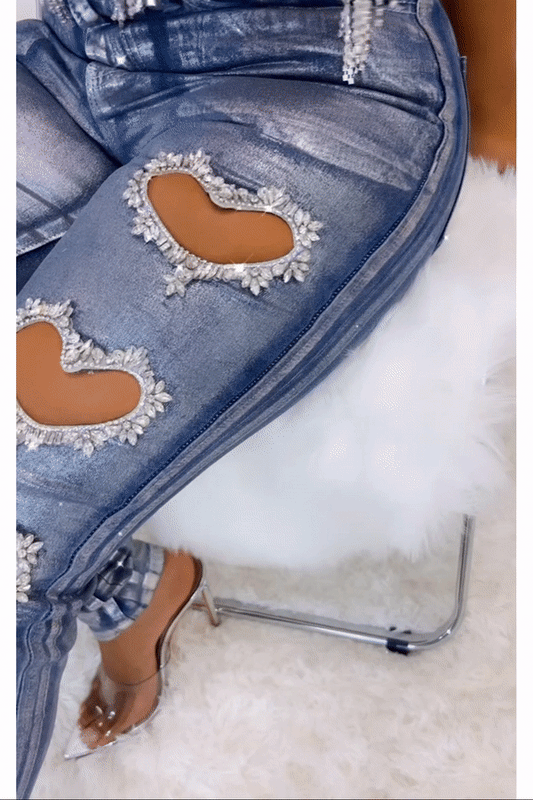 Metallic Silver Coated Denim with Rhinestones - SASHAY COUTURE BOUTIQUE Bottoms