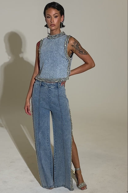 Popping Out Rhinestone Denim Blouse