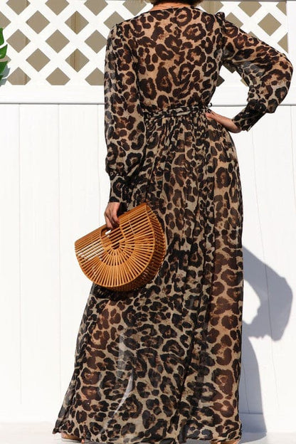 LEOPARD WOVEN PUFF SLEEVES MAXI DRESS - SASHAY COUTURE BOUTIQUE Dresses