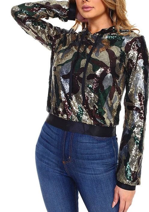 Green Camo Sequins Hoodie - SASHAY COUTURE BOUTIQUE Shirts & Tops