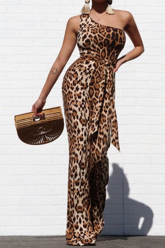 One Shoulder Leopard Print Jumpsuit - SASHAY COUTURE BOUTIQUE Jumpsuits & Rompers