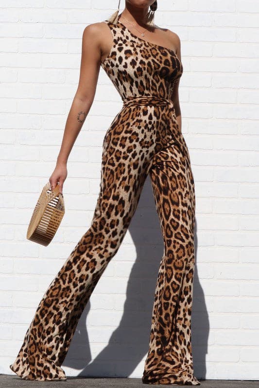 One Shoulder Leopard Print Jumpsuit - SASHAY COUTURE BOUTIQUE Jumpsuits & Rompers