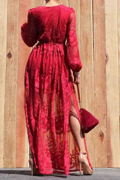 Lace Maxi Dress w/Belt - SASHAY COUTURE BOUTIQUE Dresses