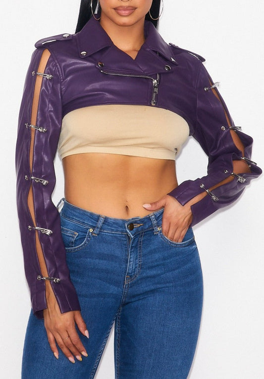 Cropped Vegan Leather Moto Jacket - SASHAY COUTURE BOUTIQUE Outerwear