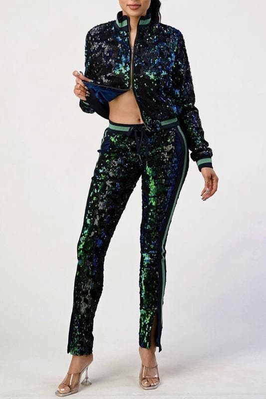 Multi Sequins Bomber & Pant Set (Size Up) - SASHAY COUTURE BOUTIQUE Outfit Sets