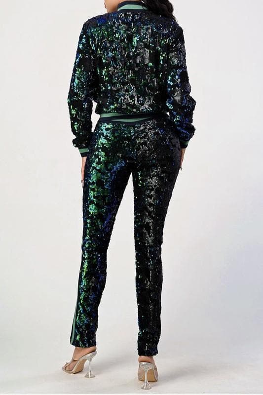 Multi Sequins Bomber & Pant Set (Size Up) - SASHAY COUTURE BOUTIQUE Outfit Sets