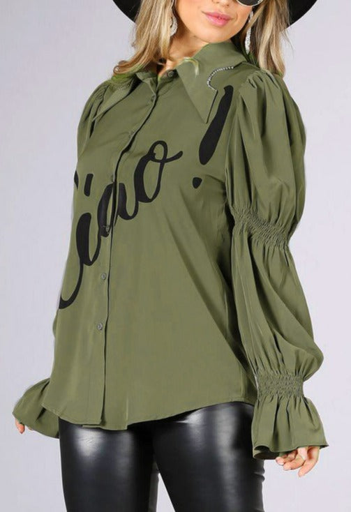 "CIAO" Print Blouse w/Rhinestones - SASHAY COUTURE BOUTIQUE Tops