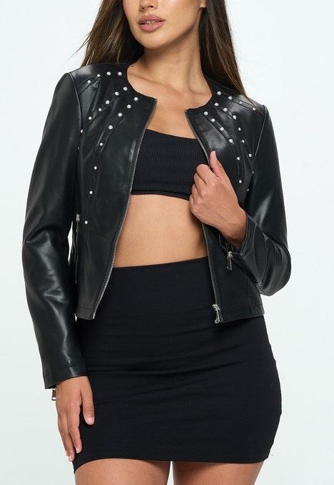 Vegan Leather Jacket w/ Pearls - SASHAY COUTURE BOUTIQUE Outerwear