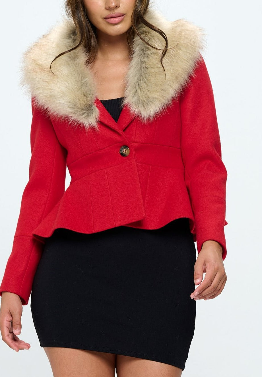 Vegan Wool Peplum Jacket With Faux Fur Collar - SASHAY COUTURE BOUTIQUE Jacket