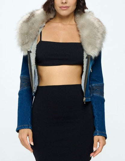 Denim Jacket with Faux Fur Collar (SIZE UP ONE) - SASHAY COUTURE BOUTIQUE Outerwear